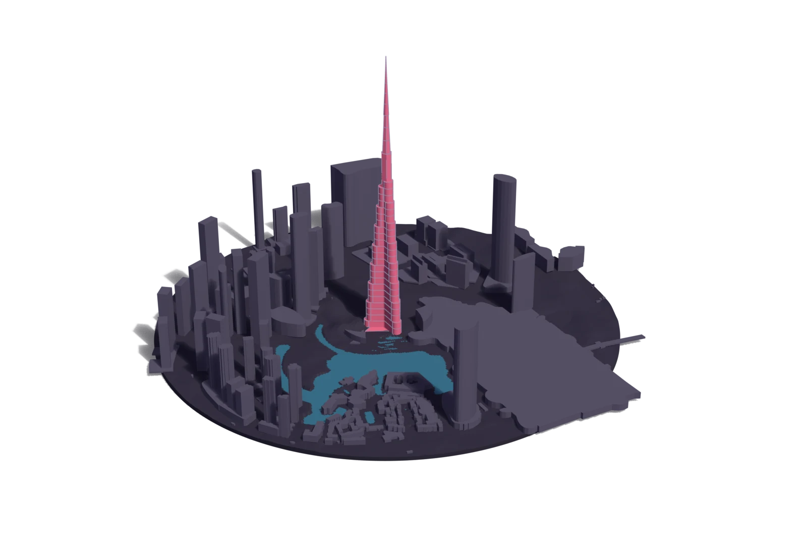 A site model of the Burj Khalifa in its neighbourhood: the landmark in Rosé Pine red among grey buildings, with its water in blue