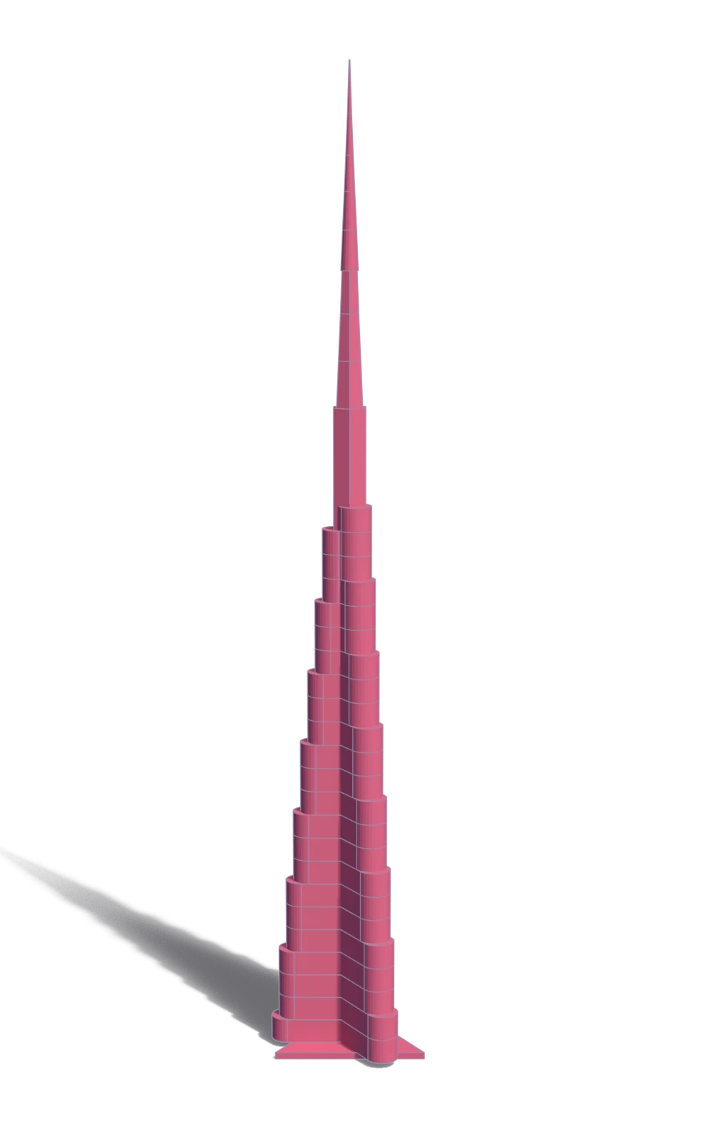 A clay model of the Burj Khalifa, rendered in Rosé Pine red on a dark background