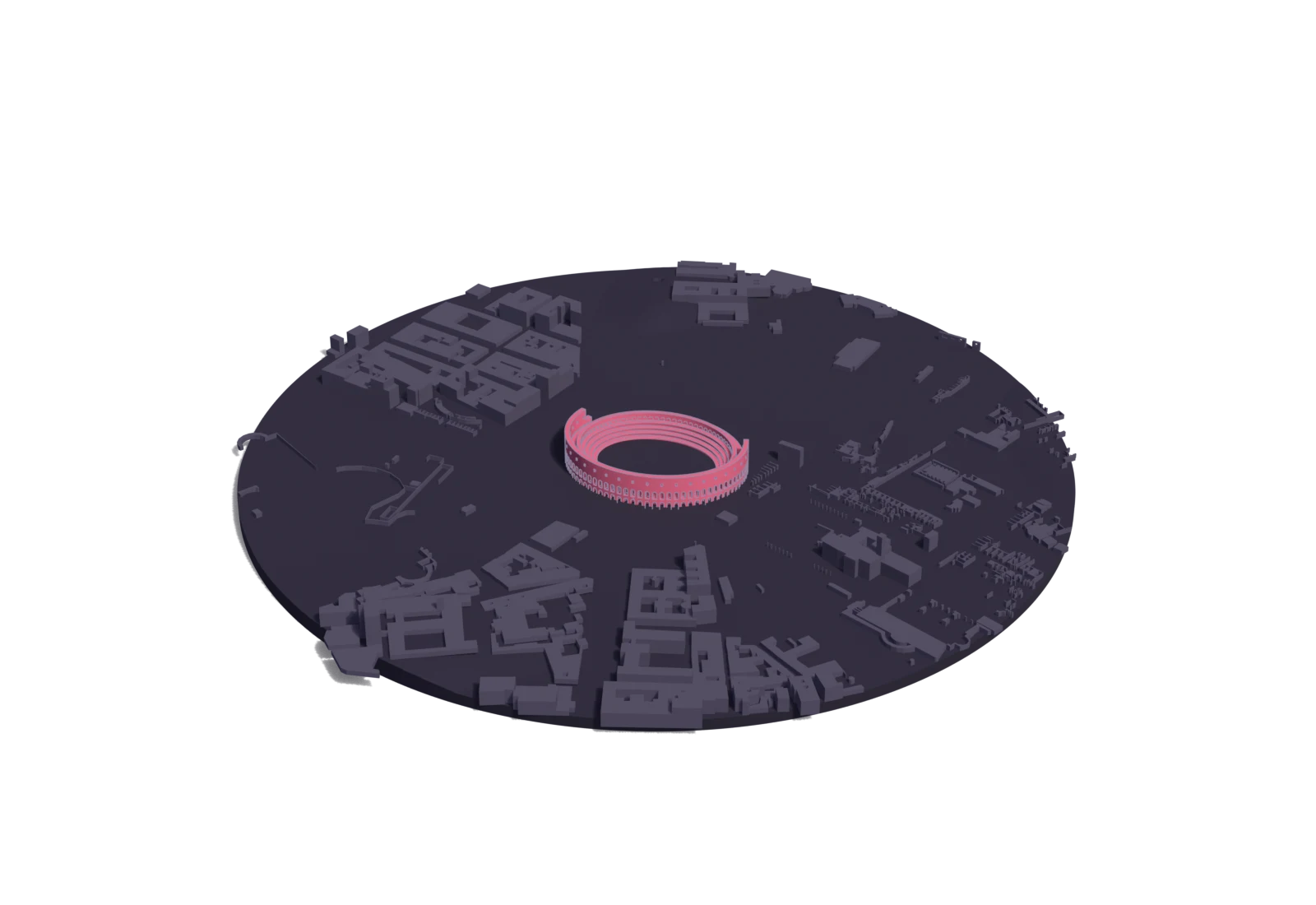 A site model of the Colosseum in its neighbourhood: the landmark in Rosé Pine red among grey buildings, with its water in blue