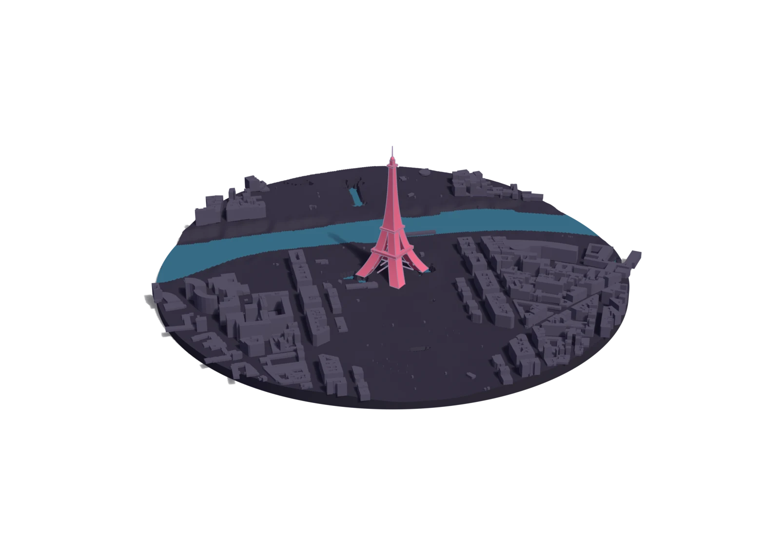 A site model of the Eiffel Tower in its neighbourhood: the landmark in Rosé Pine red among grey buildings, with its water in blue