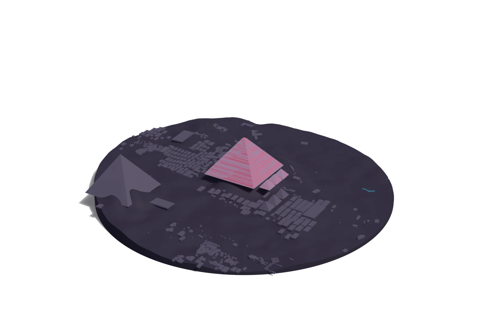 A site model of the Great Pyramid of Giza in its neighbourhood: the landmark in Rosé Pine red among grey buildings, with its water in blue