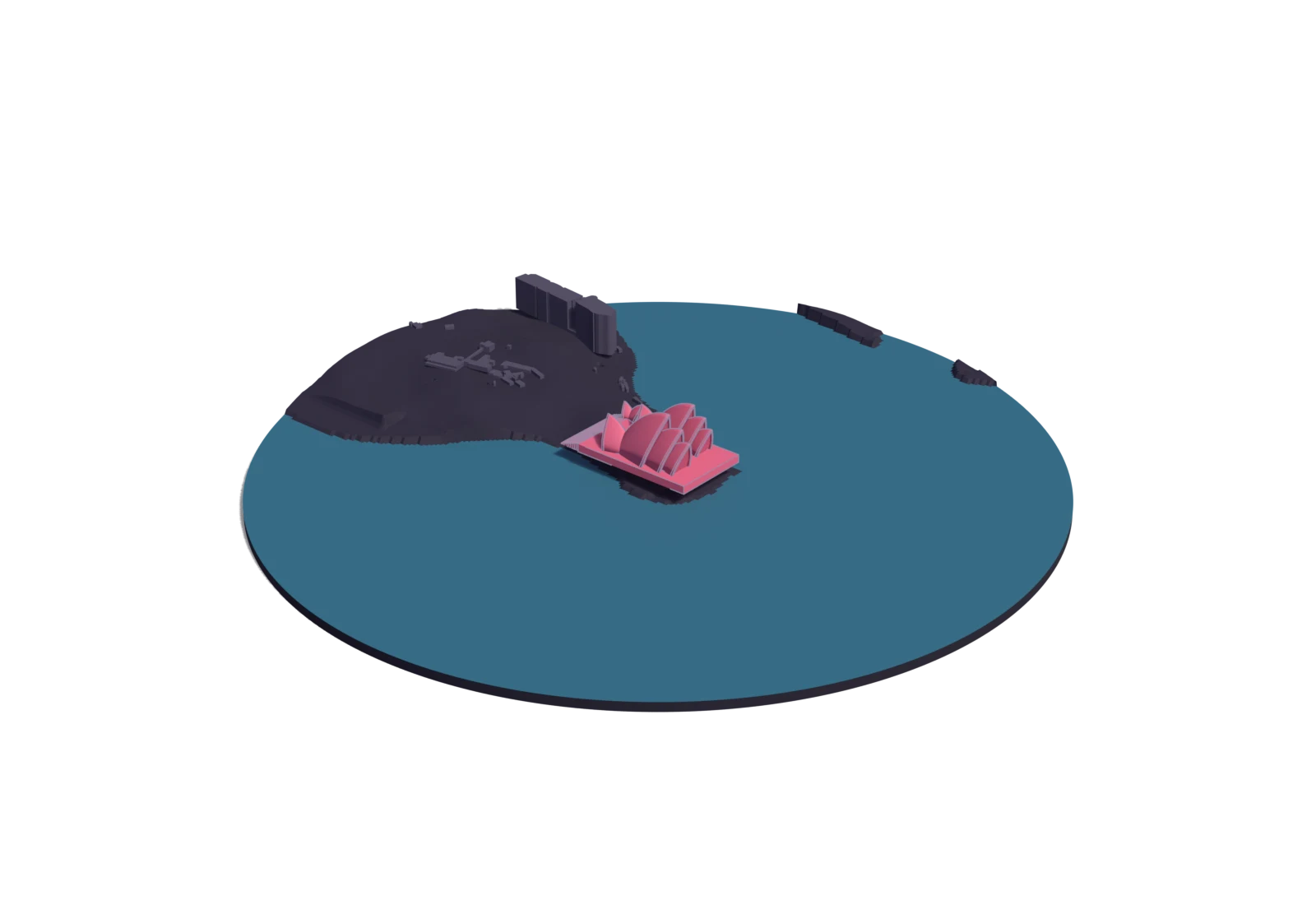 A site model of the Sydney Opera House in its neighbourhood: the landmark in Rosé Pine red among grey buildings, with its water in blue