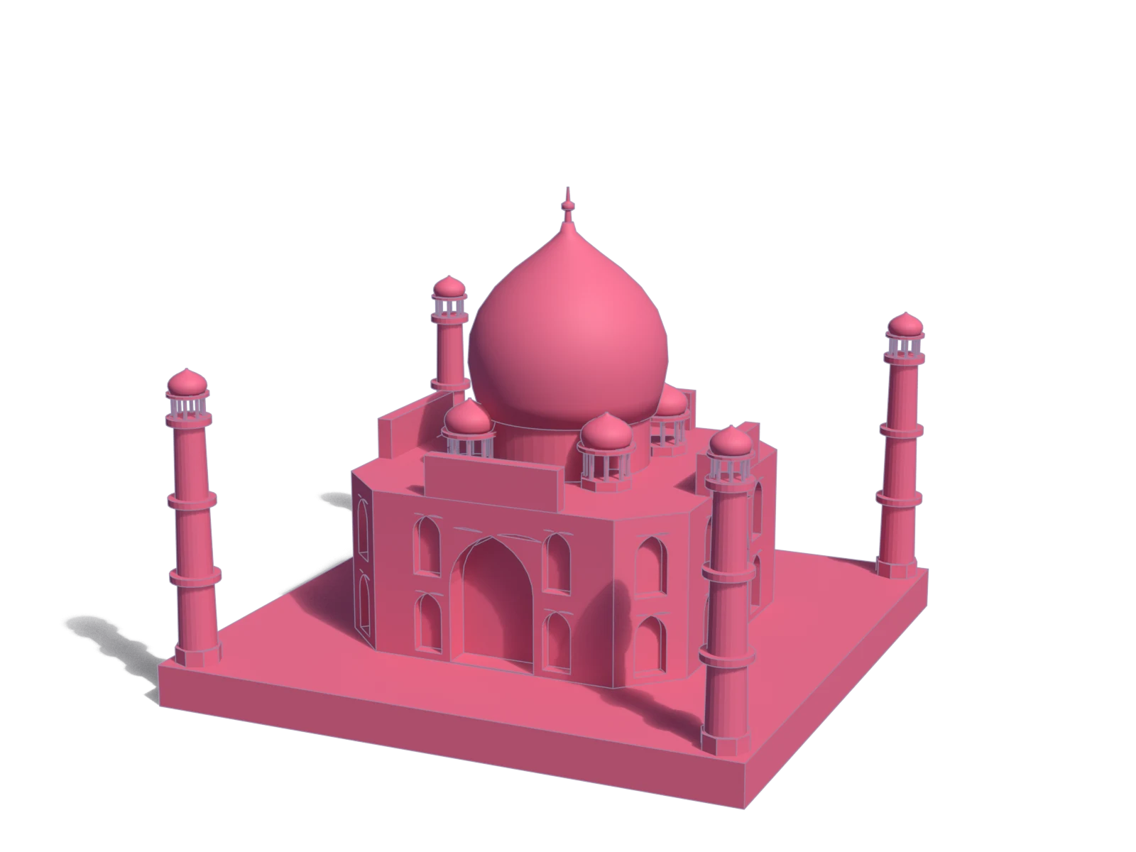 A clay model of the Taj Mahal, rendered in Rosé Pine red on a dark background