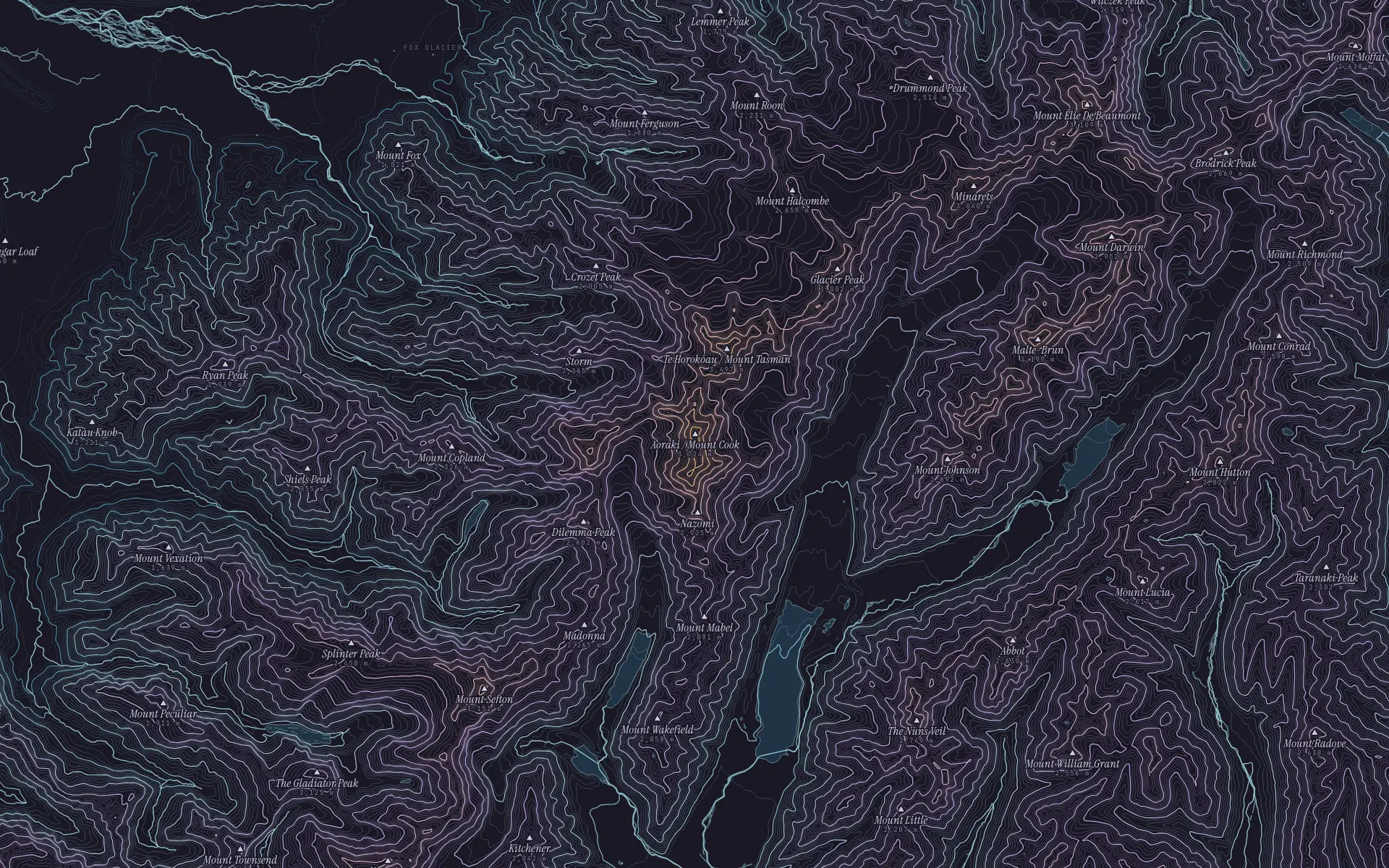 Contour map of Aoraki / Mount Cook
