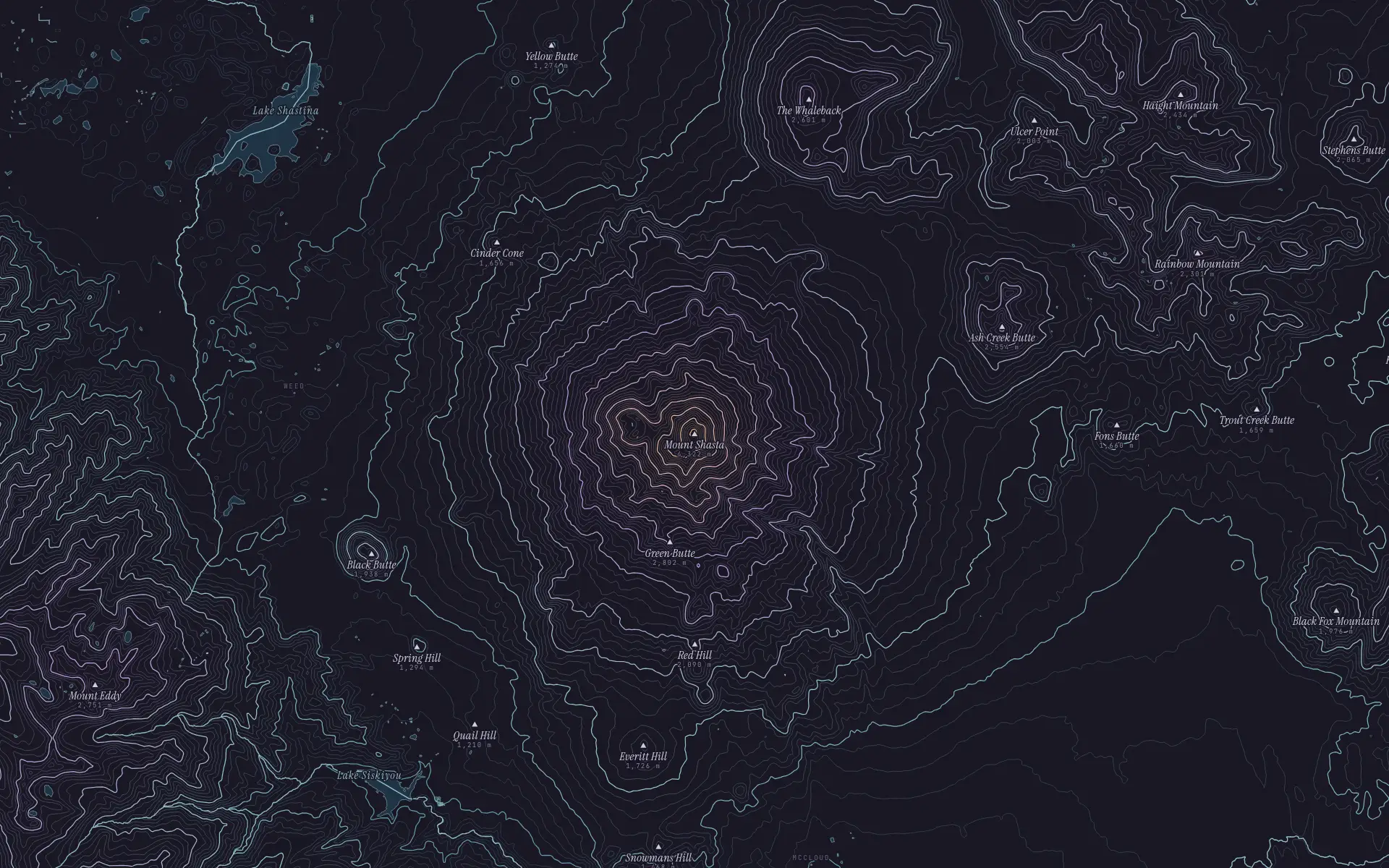 Contour map of Mount Shasta